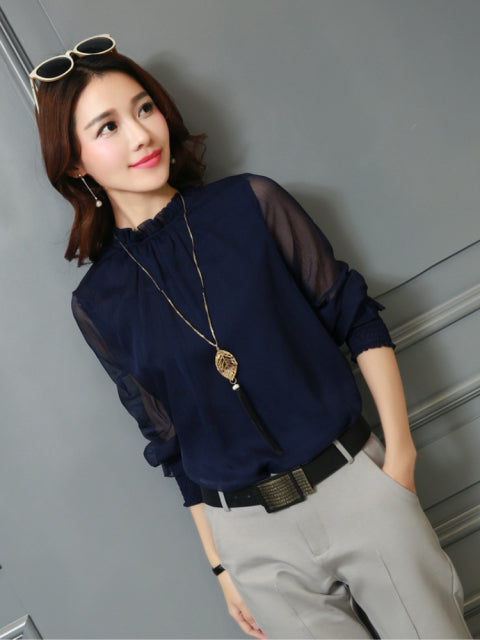 Chiffon Long Sleeve Stand Neck Work Wear - Sabreeonline