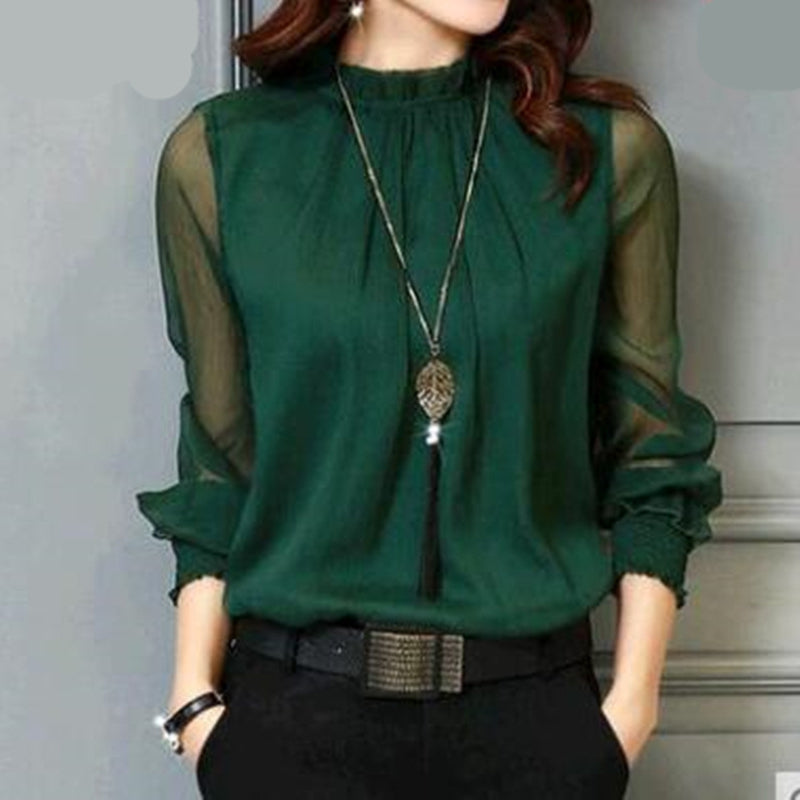 Chiffon Long Sleeve Stand Neck Work Wear - Sabreeonline