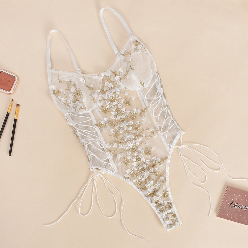 Women Teddy lingerie Sexy Underwear Erotic Corset Lace Mesh Sleepwear Nightwear  Embroidered strap one-piece sexy pajamas - Sabreeonline