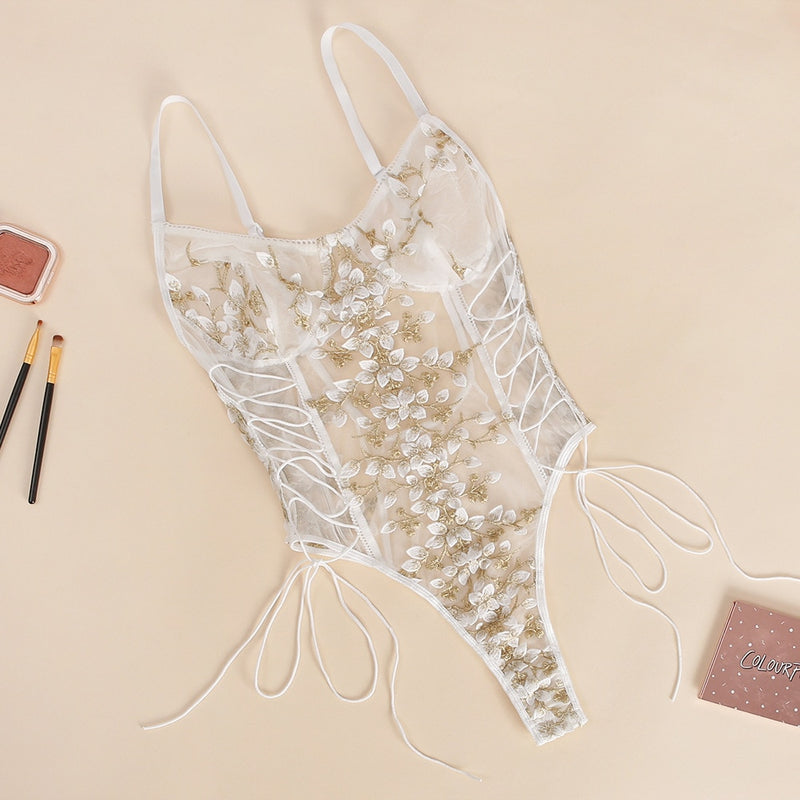 Women Teddy lingerie Sexy Underwear Erotic Corset Lace Mesh Sleepwear Nightwear  Embroidered strap one-piece sexy pajamas - Sabreeonline