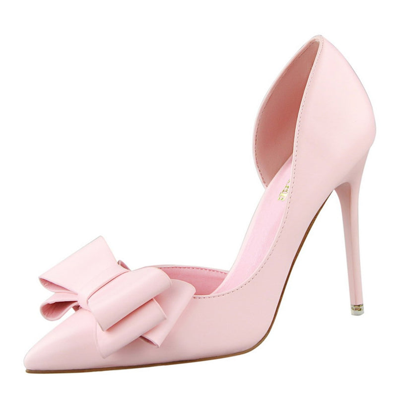 Korean Fashion Women&#39;s Shoes Wedding Bow High Heels Stiletto Heels Shallow Pointed Head Side Empty Thin Shoes