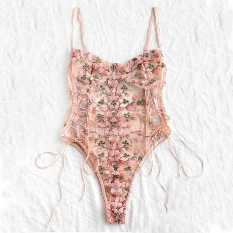 Women Teddy lingerie Sexy Underwear Erotic Corset Lace Mesh Sleepwear Nightwear  Embroidered strap one-piece sexy pajamas - Sabreeonline