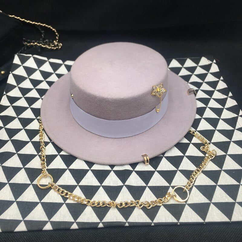 British Flat Top Hat Chain Strap and Pin Fedoras - Sabreeonline