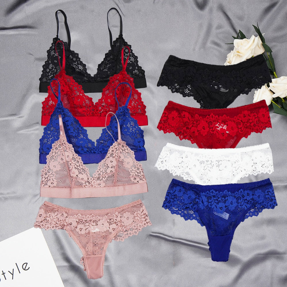 Women Lace Bra Sets Seamless Underwear Transparent Backless Ultra-Thin Unline Lingerie Floral Soft Comfortable Bra Thong Set - Sabreeonline