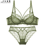 Ultra-thin hollow lace sexy bra and panty set large size C D E cup underwear transparent ladies bra - Sabreeonline