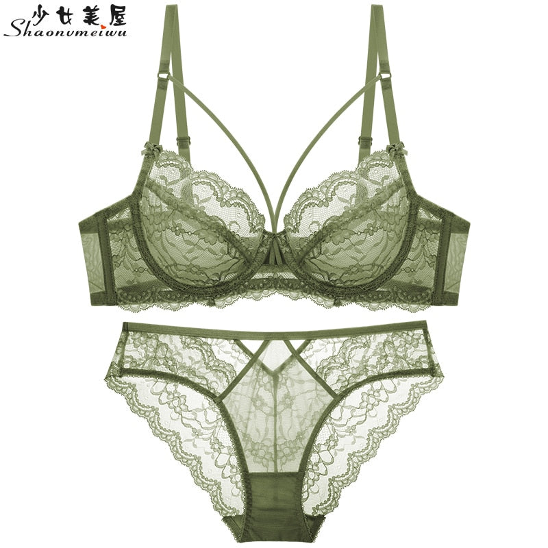 Ultra-thin hollow lace sexy bra and panty set large size C D E cup underwear transparent ladies bra - Sabreeonline