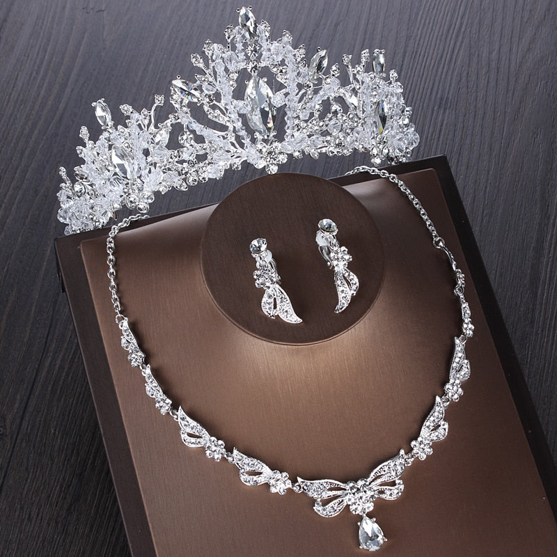 Luxury Heart Crystal Bridal Jewelry Sets Wedding Cubic Zircon Crown Tiaras Earring Choker Necklace Set - Sabreeonline