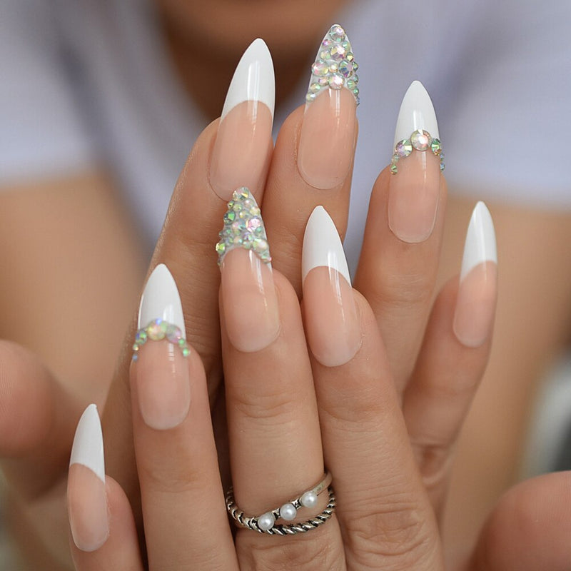 Sharp Artificial  French Nail Tips Pre-designed Nude 3D Long Full Cover Rhinestone Adult Artificial Fake Nails With Glue