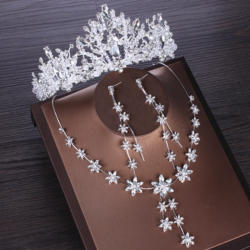 Luxury Heart Crystal Bridal Jewelry Sets Wedding Cubic Zircon Crown Tiaras Earring Choker Necklace Set - Sabreeonline