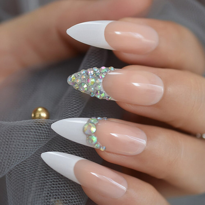 Sharp Artificial  French Nail Tips Pre-designed Nude 3D Long Full Cover Rhinestone Adult Artificial Fake Nails With Glue