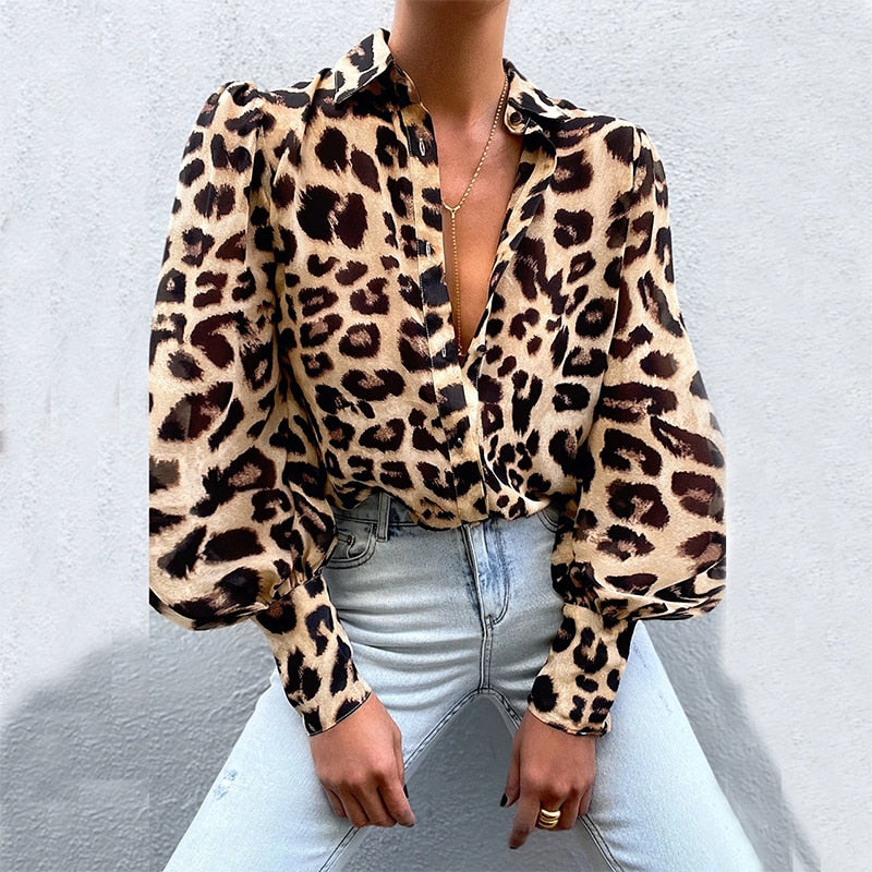 Spring Fall Puff Sleeve Shirts Blouse Women Floral/Leopard Long Sleeve Lapel Buttons Vintage Shirts Elegant Blouses Tops Female - Sabreeonline