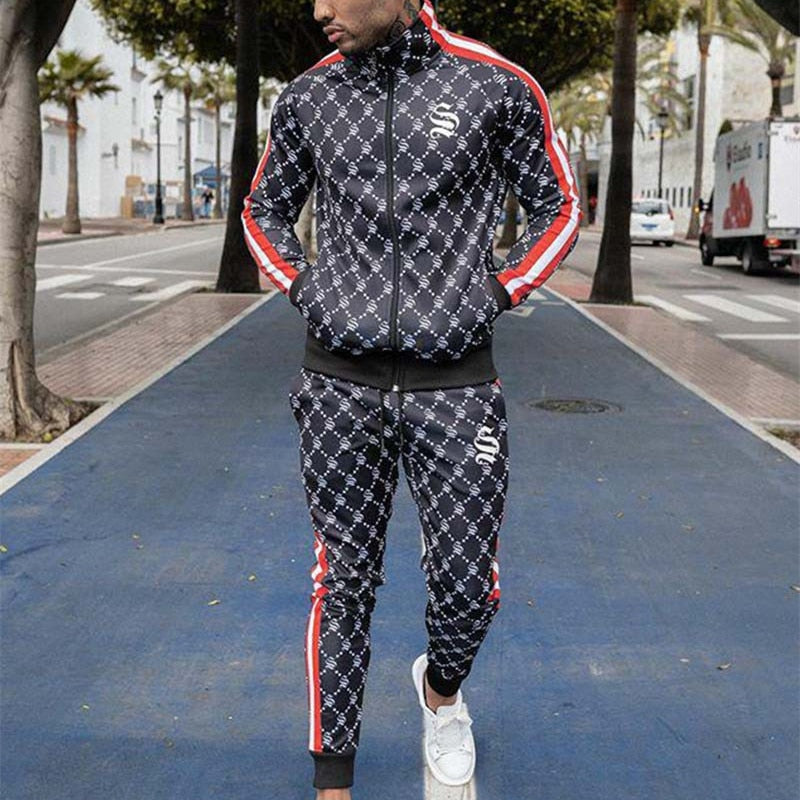 Sportsuits Set Men 2019 Brand Fitness Suits autumn Men Set Long Sleeve stripe Hoodies+Pants Gyms Casual Sportswear Suit - Sabreeonline