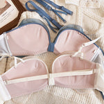 Wriufred Gathered bowknot embroidered bra set mesh gauze no steel ring sexy half-cup pull-up underwear set sexy lingerie - Sabreeonline