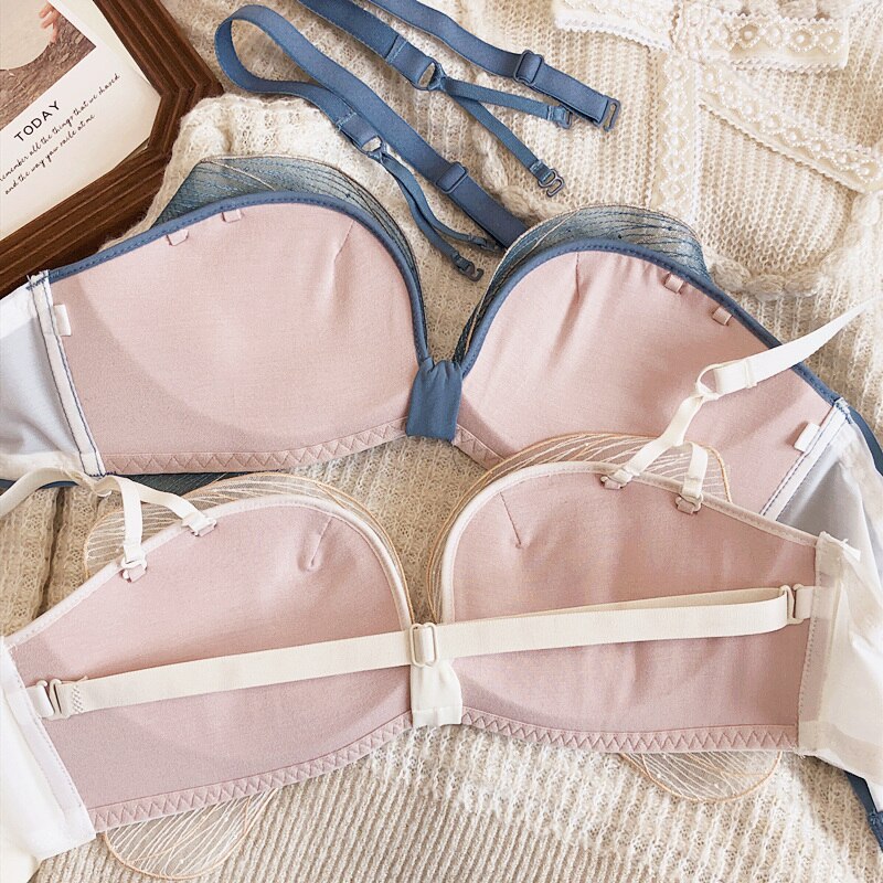 Wriufred Gathered bowknot embroidered bra set mesh gauze no steel ring sexy half-cup pull-up underwear set sexy lingerie - Sabreeonline