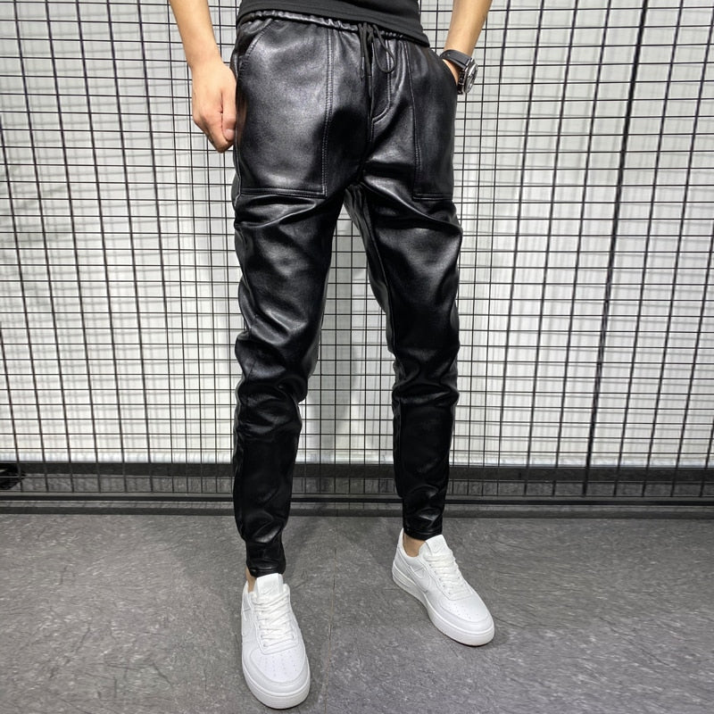 New Winter Thick Warm PU Leather Pants Men Clothing 2023 Simple Big Pocket Windproof Casual Motorcycle Trousers Black Plus Size - Sabreeonline