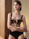 Iris flower lace applique retro bra set sexy bottoming strap bodysuit embroidered siamese underwear gathered lingerie panties - Sabreeonline