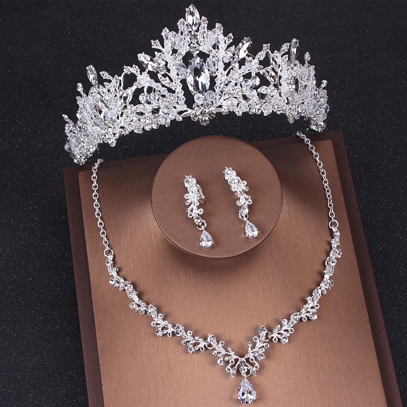 Luxury Heart Crystal Bridal Jewelry Sets Wedding Cubic Zircon Crown Tiaras Earring Choker Necklace Set - Sabreeonline
