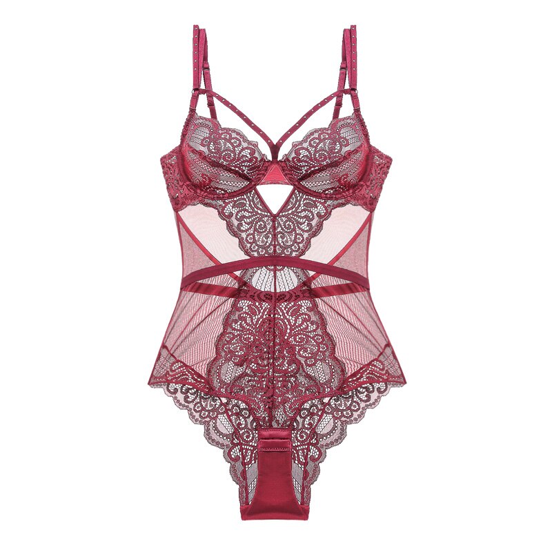 Retro charming red one-piece underwear women confused lace rivet gathered bra bridal wedding suit bodysuit lingerie sets - Sabreeonline