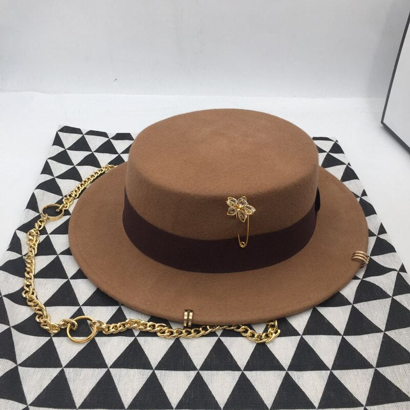British Flat Top Hat Chain Strap and Pin Fedoras - Sabreeonline