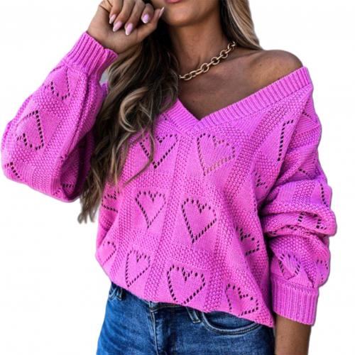 Winter Love Heart Hollow Crochet Sweater Loose V Neck Long Sleeve - Sabreeonline
