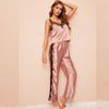 Two Pieces Satin Pajama Set V-Neck Pyjamas Cute Camisole Top and Pants Soft Sleepwear Hollow Out Lace Loungewear - Sabreeonline