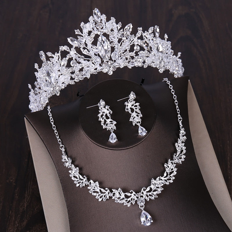 Luxury Heart Crystal Bridal Jewelry Sets Wedding Cubic Zircon Crown Tiaras Earring Choker Necklace Set - Sabreeonline
