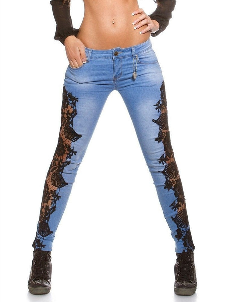 Lace Floral Crochet Hollow-Out Jeans Autumn Women Elegant Sexy Denim Pencil Skinny Jeans - Sabreeonline
