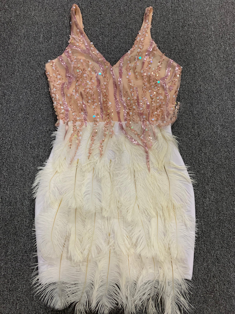 High Quality Pink White Feathers Rayon Bandage Dress Elegant Night Club Party Dress Vestidos - Sabreeonline