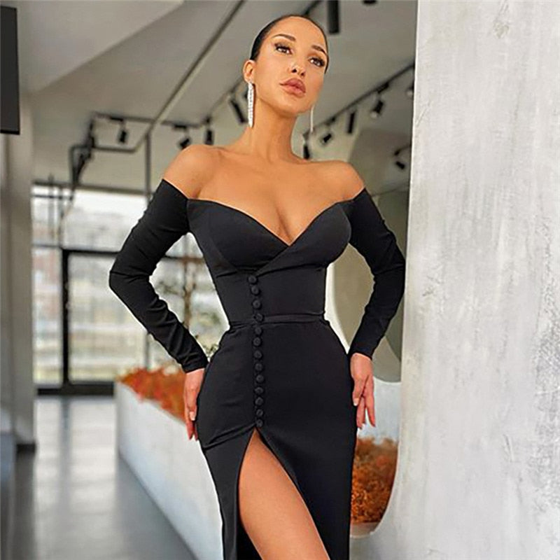Dress Black Off Shoulder Button Sheath Split Knee-Length Dresses - Sabreeonline