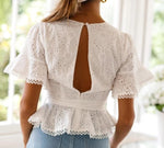 Cotton Embroidery Lace Ruffle Bow Blouses