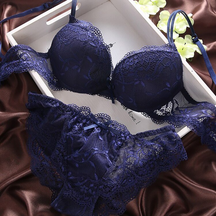 European Style Sexy Bra Set Women Cotton Underwear Sexy Lace Panties Female Push Up Brassiere Fashion Solid Color Lingerie Set - Sabreeonline