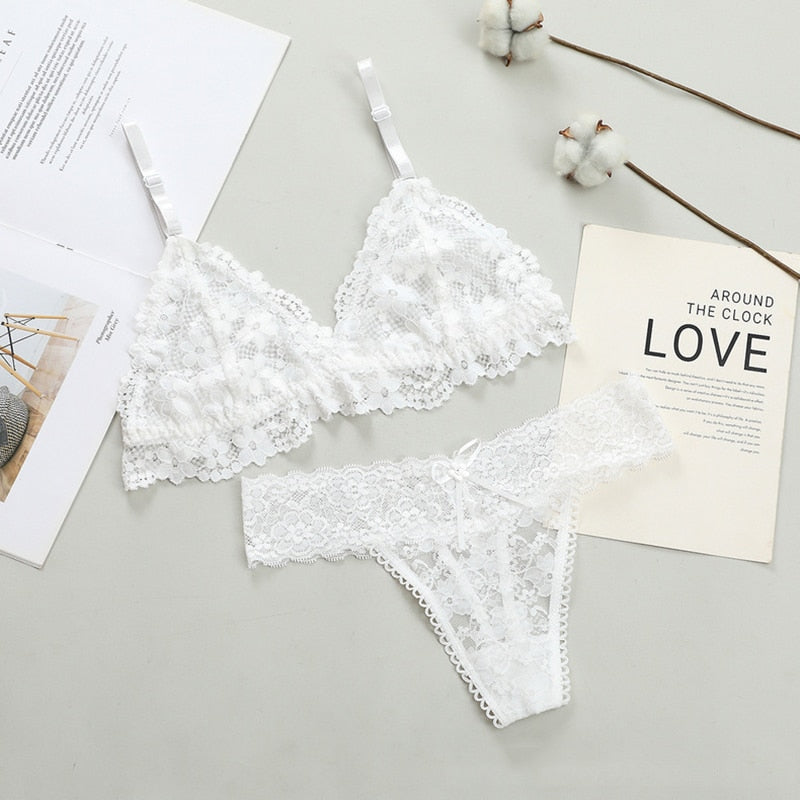 Women Lace Bra Briefs Set Sexy Wire Free Lingerie Hollow Out G-String Bra Set Female Transparent Seamless Intimate Underwear Set - Sabreeonline
