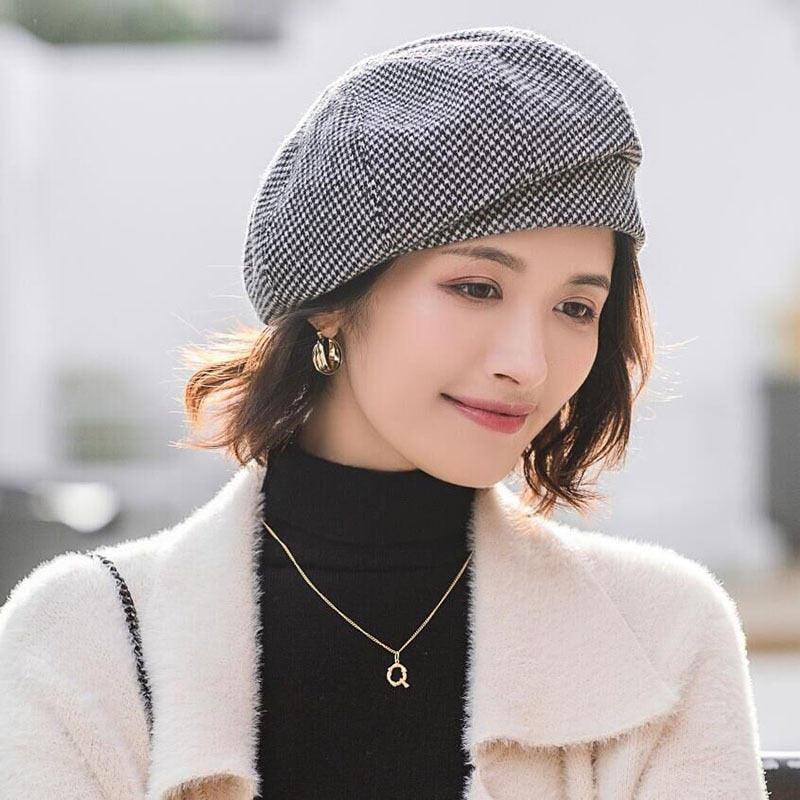 Plaid Beret Cotton Wool Hats Autumn - Sabreeonline