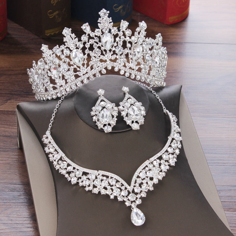 Baroque Crystal Water Drop Bridal Jewelry Sets Rhinestone Tiaras Crown Necklace Earrings for Bride Wedding Dubai Jewelry Set - Sabreeonline