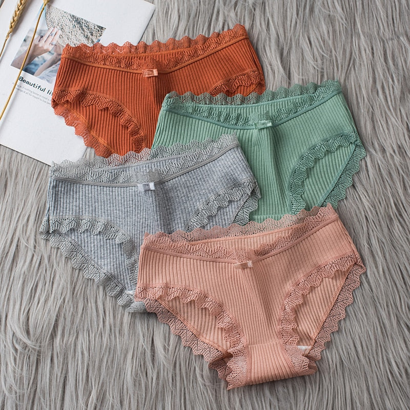 Women's Seamless Cotton Underwear Sexy Low Waist Lace Ruffle Briefs Solid Color Stretch Underpants Breathable Intimates Lingerie - Sabreeonline