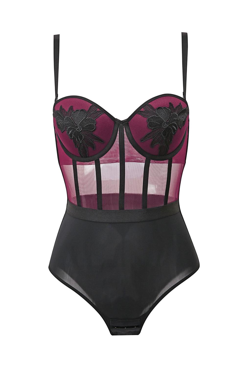 Iris flower lace applique retro bra set sexy bottoming strap bodysuit embroidered siamese underwear gathered lingerie panties - Sabreeonline