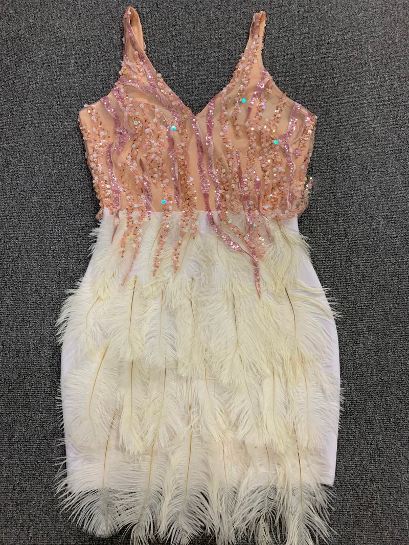 High Quality Pink White Feathers Rayon Bandage Dress Elegant Night Club Party Dress Vestidos - Sabreeonline