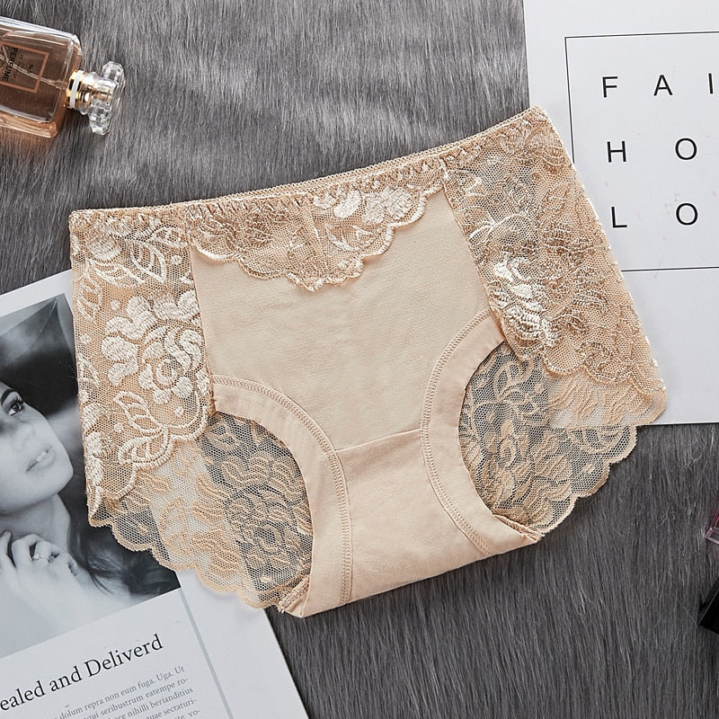 Women's Cotton Underwear Panties Sexy Lace Mid-Waist Hollow Female Briefs Hip Lift Underpants For Lady Plus Size Lingerie ssy58 - Sabreeonline
