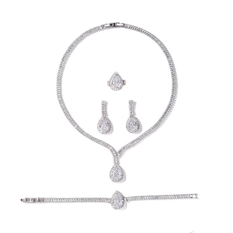 Gorgeous Women Wedding Party Jewelry Necklace Bracelet Earring and Ring Set - Sabreeonline