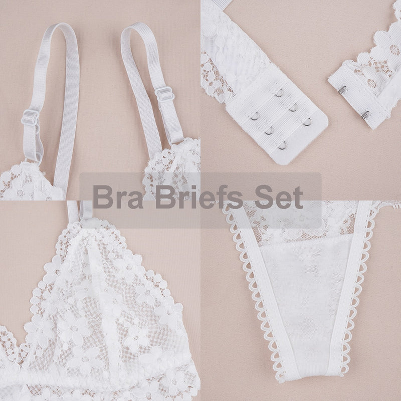 Women Lace Bra Briefs Set Sexy Wire Free Lingerie Hollow Out G-String Bra Set Female Transparent Seamless Intimate Underwear Set - Sabreeonline