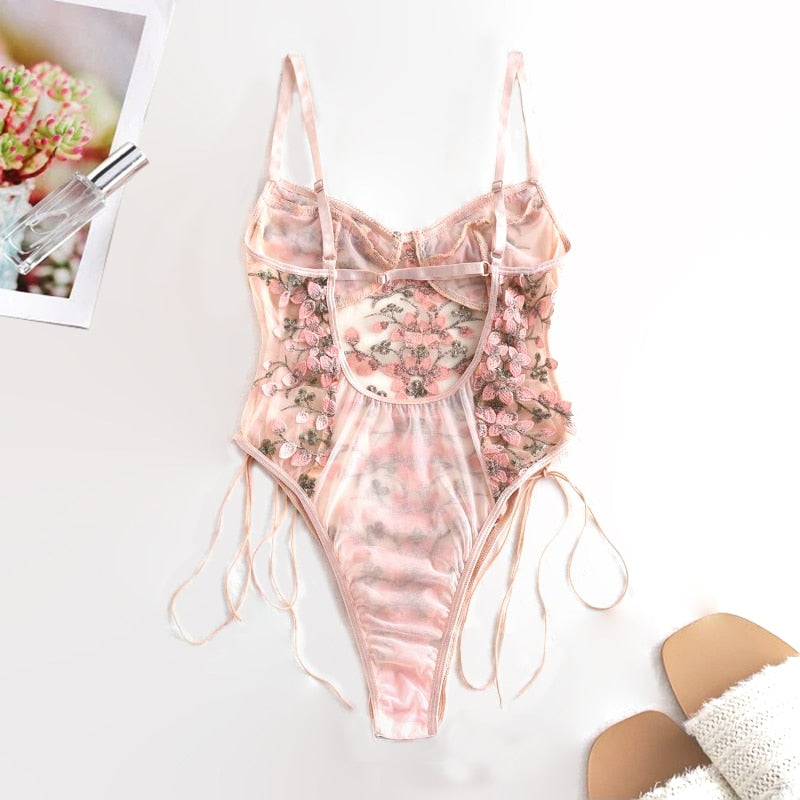 Women Teddy lingerie Sexy Underwear Erotic Corset Lace Mesh Sleepwear Nightwear  Embroidered strap one-piece sexy pajamas - Sabreeonline