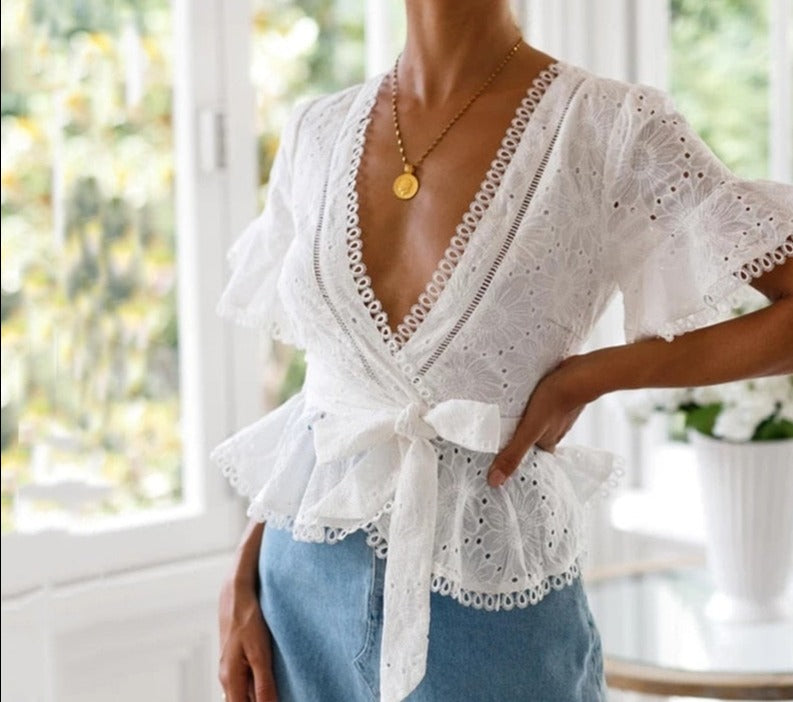 Cotton Embroidery Lace Ruffle Bow Blouses