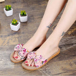 Suihyung Women Flax Slippers Summer Casual Slides Beach Shoes Ladies Indoor Linen Slippers Bohemia Floral Bow Flip Flops Sandals - Sabreeonline