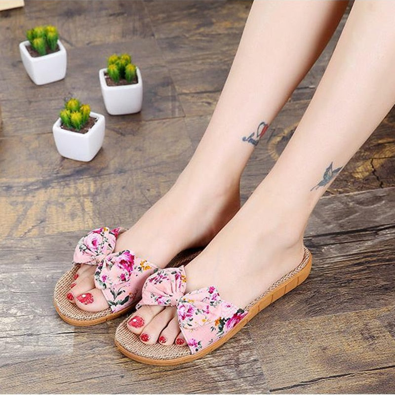 Suihyung Women Flax Slippers Summer Casual Slides Beach Shoes Ladies Indoor Linen Slippers Bohemia Floral Bow Flip Flops Sandals - Sabreeonline