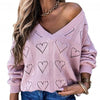 Winter Love Heart Hollow Crochet Sweater Loose V Neck Long Sleeve - Sabreeonline