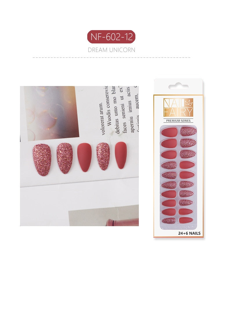 Set Shiny Matte Nail Tips with Designs Reusable Press - Sabreeonline