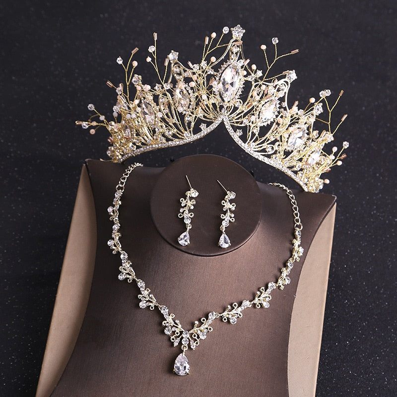 Crystal Gold Tiara Crown Earrings Necklace Wedding Bride Luxury Jewelry Set - Sabreeonline