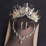 Crystal Gold Tiara Crown Earrings Necklace Wedding Bride Luxury Jewelry Set - Sabreeonline