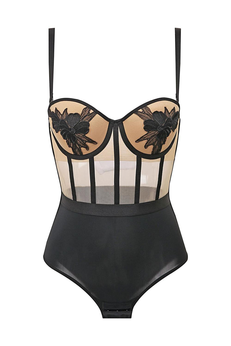 Iris flower lace applique retro bra set sexy bottoming strap bodysuit embroidered siamese underwear gathered lingerie panties - Sabreeonline