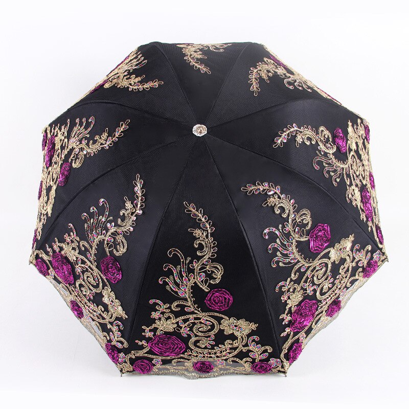 Tri-Fold Double-Layer Embroidery Flower Lace Umbrella Anti-Sun Parasol Black Plastic Anti-UV Umbrella - Sabreeonline